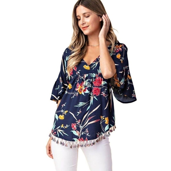 Kori America Navy Floral Pom Pom Boho Top- small - Picture 1 of 13